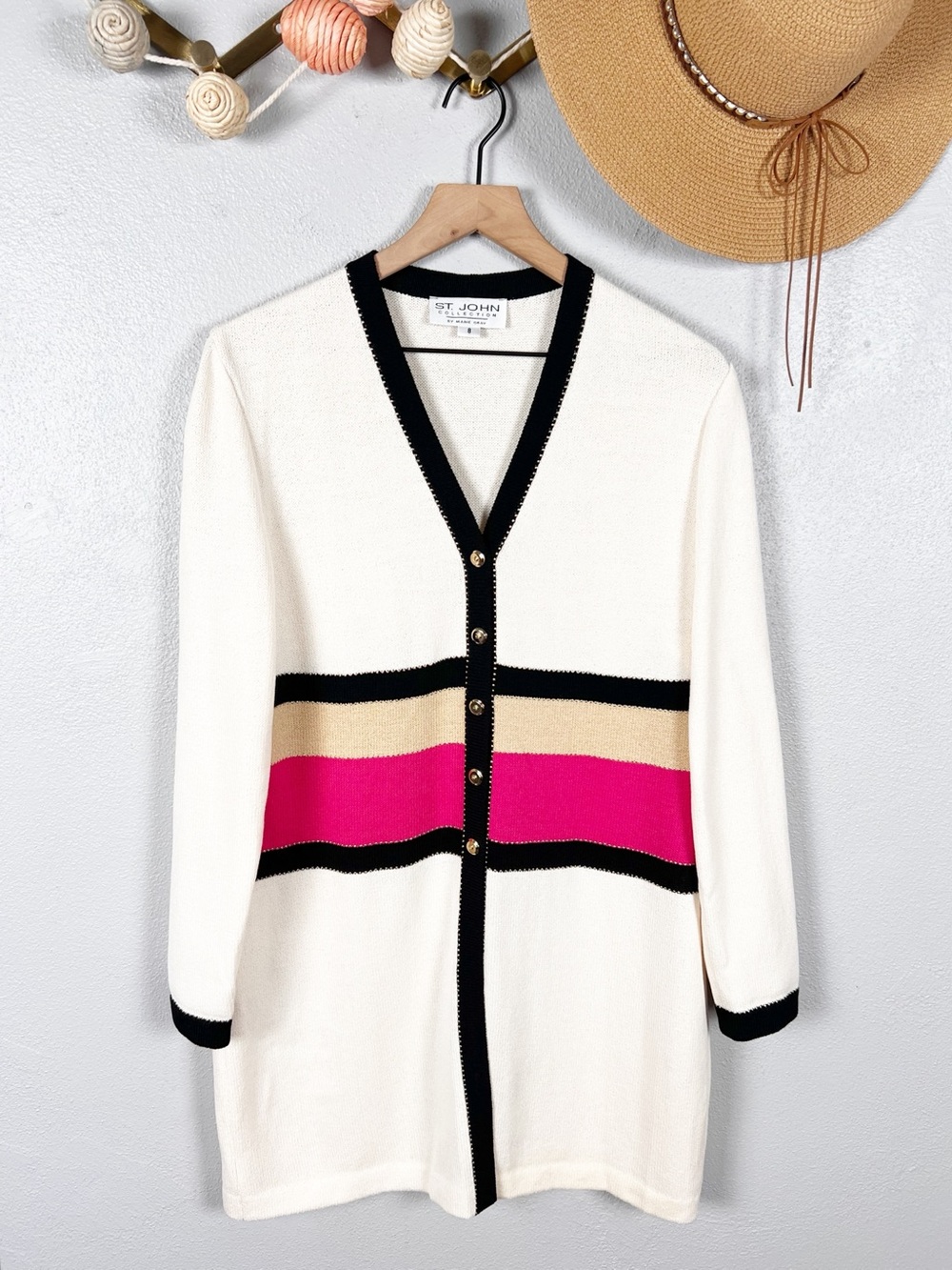 St.John Collection Marie Gray Colorblock Cream Pink Black Cardigan Sweater